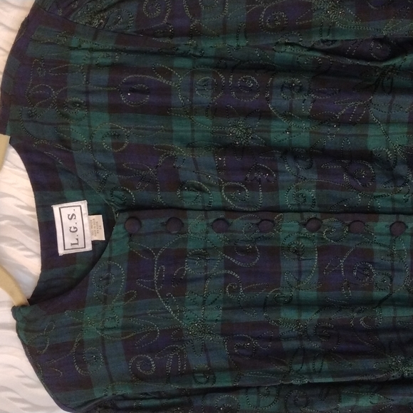 Rare VTG L.G.S. Embellished Embroidered Sz 14 Plaid long sleeve buttonup Blouse - Picture 7 of 11